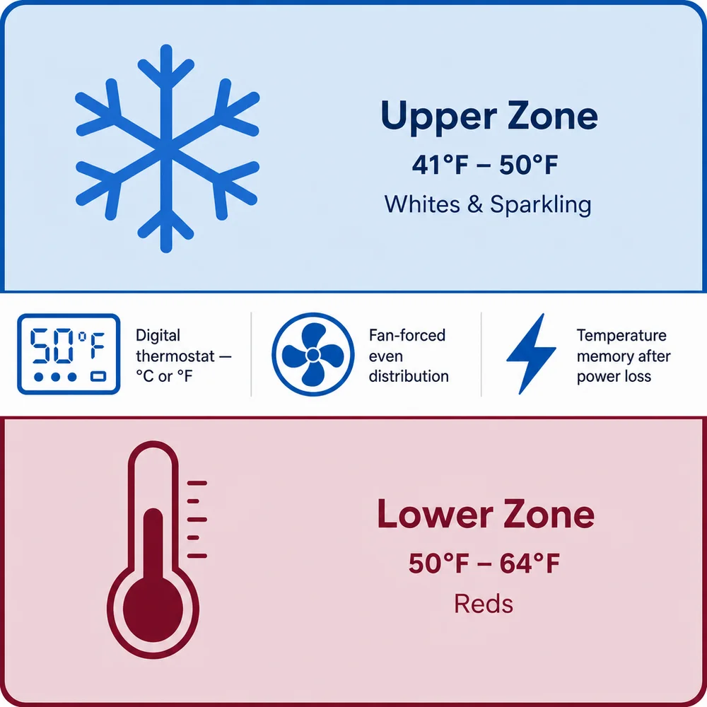 Generated infographic showing the dual zone temperature ranges of a wine cellar, 41 to 50 °F upper and 50 to 64 °F lower