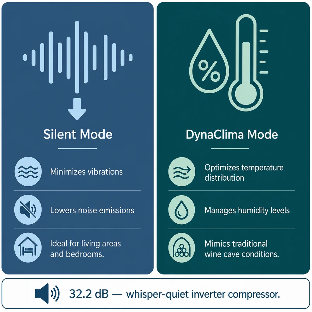Generated infographic comparing the wine cellar's Silent Mode and DynaClima Mode, with a 32.2 dB noise rating